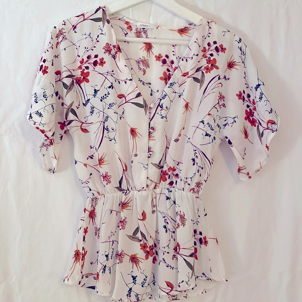 ✨Sienna Sky-Women’s White & Multicolored Peplum Short-sleeve Blouse w/buttons-XS